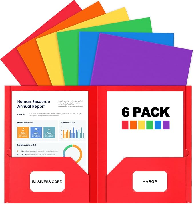6 Paper Folders with Pockets, Multi Colors Pocket Folders, 6 File Folders | Heavy Duty, with Business Card Holder, for Documents Office Organizer Folder Letter Size School Supplies