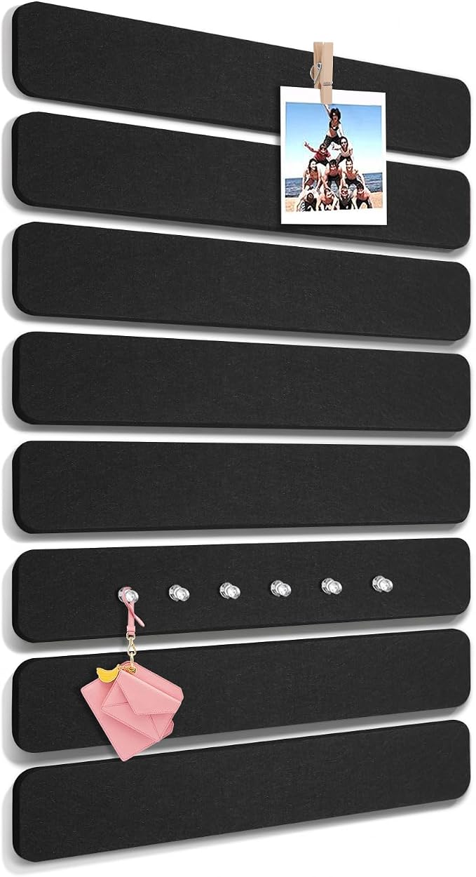 Thboxes 8 Pack Felt Bulletin Board Strips, 13x2 Inch Self Adhesive Felt Pin Boards with 50 Pushpins and 10 Wooden Clips Push Pins, Cork Board for Walls Home Office Decor(Black)