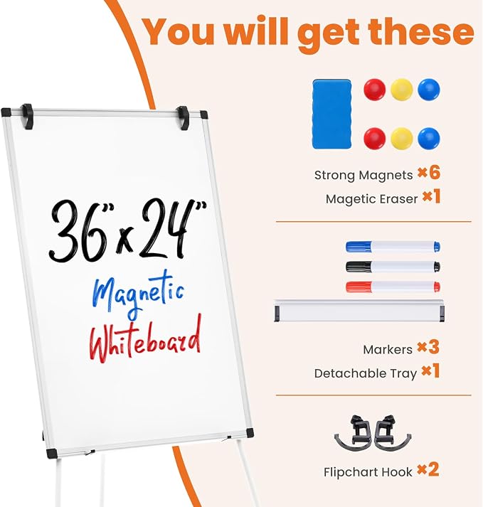 OLIXIS 36" x 24" Magnetic White Board with Stand, Standing Dry Erase Board, Whiteboard with 1 Dry Eraser & 2 Multicolor Markers & 4 Magnetic Pins, Aluminium Frame for Home, School, Office, White