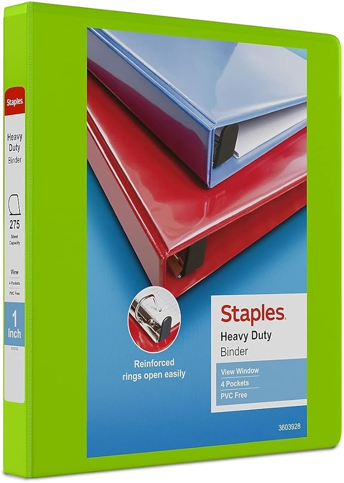 Staples Heavy-Duty 1-Inch D-Ring View Binder, Reinforced Spine, Holds Up to 275 Sheets, Chartreuse, for Office & School