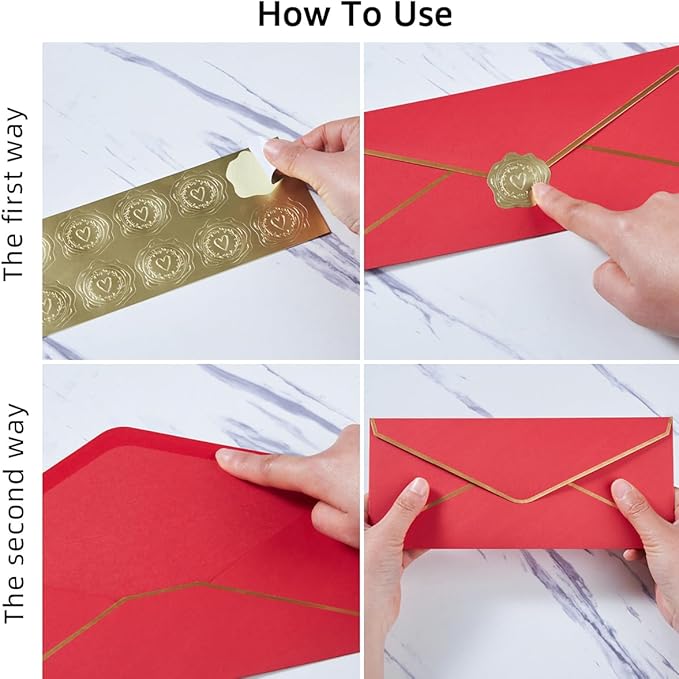 50 Pack #10 Business Envelopes with Gold Border, Self Seal Standard Envelopes with Gold Stickers for Office, Checks, Letter Mailing, Invoices, 4 1/8 x 9 1/2 Inches (Red)