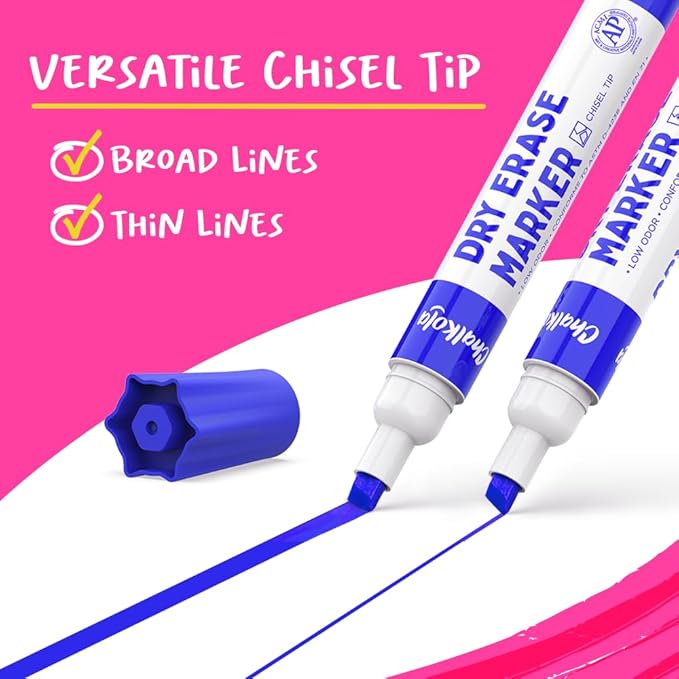 Chalkola Dry Erase Markers Chisel Tip (15 Pack, 12 Colors) | Dry Erase Pens - Non toxic, Low odor Whiteboard Markers for Kids, Teachers, Office, School, Classroom Supplies & Accessories