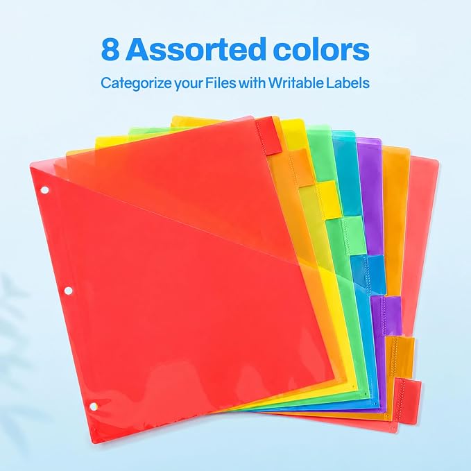 SUNEE 8 Tab Dividers with Pockets, Plastic Dividers for 3 Ring Binder, Subject Dividers with 2 Pockets, Binder Dividers for School Office Home Supplies, Multicolor, 2 Set