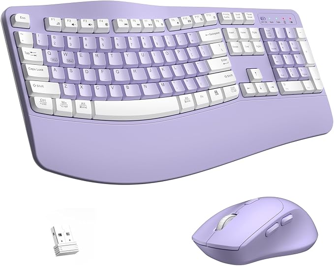 Wireless Keyboard and Mouse Combo,2.4G Ergonomic Wave Keys(Purple-A) | Full Size Cordless Keyboard with Wrist Rest,3-Level DPI Ergonomic Mouse for Office and Home,Windows/Mac OS/Desktop/Laptop/PC