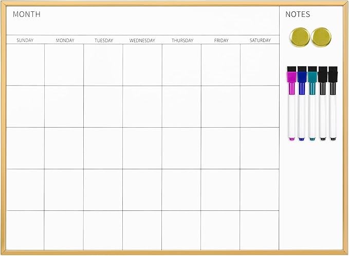 VUSIGN Magnetic Monthly Calendar Whiteboard, 17'' x 23'' Dry Erase Calendar for Wall Office School Home, Gold Wooden Frame