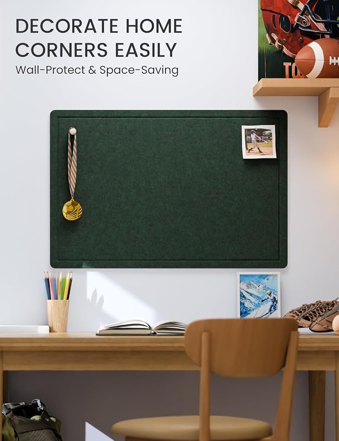 Fluxynara 35.4" x 23.6" Bulletin Board, Pine Green | Cork Board Alternative with 12 Removable Adhesive Tabs, Foldable Felt Pin Board for Home, Office, Classroom & Dorm