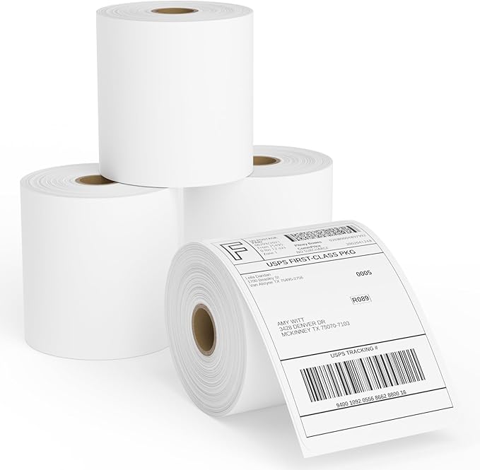 4x6 Thermal Labels, 4 Rolls Thermal Printer Labels, 450 Labels/Roll, White Perforated Shipping Labels Compatible with Zebra, Rollo Label Printer