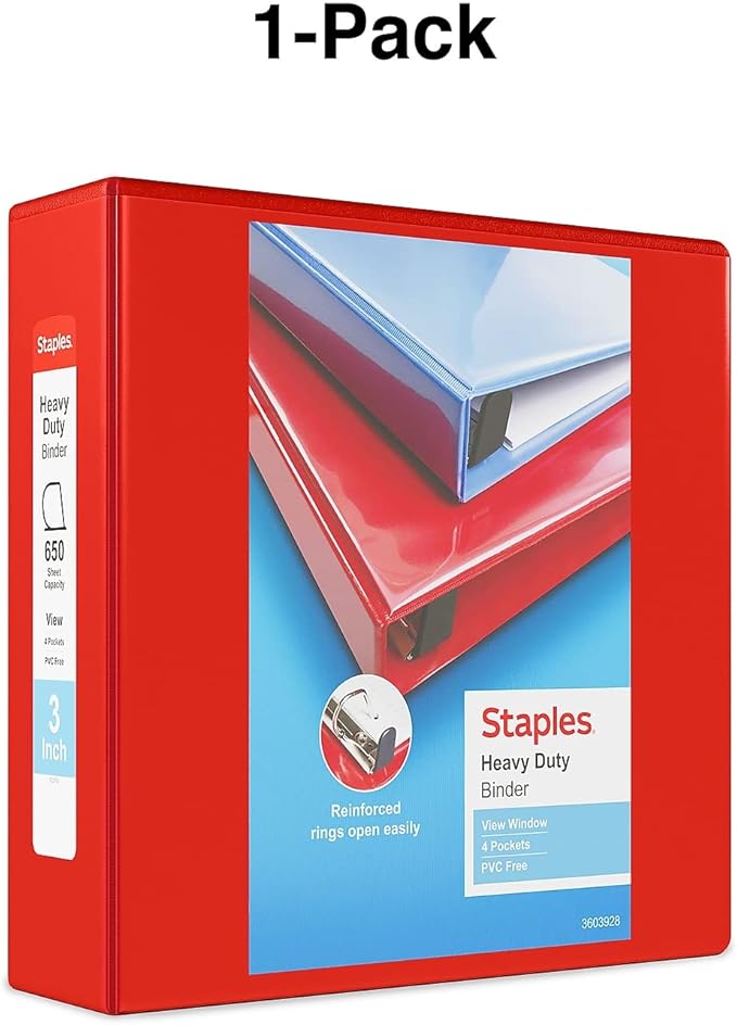 Staples Heavy-Duty 3-Inch D-Ring View Binder, Holds Up to 600 Sheets, Reinforced Spine, Red, for Office, School & Home