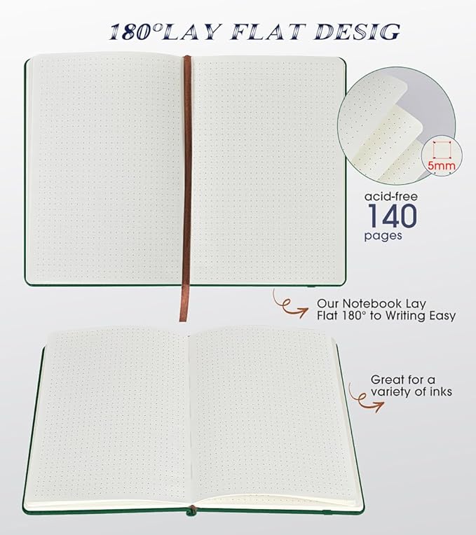 Dotted Journal Notebook for Women Men, 140 Pages Hardcover Dot Grid Notebooks for Work, School & Travel, Leather Journals for Writing, Bullet Journaling 5.7"×8.3" (Green)