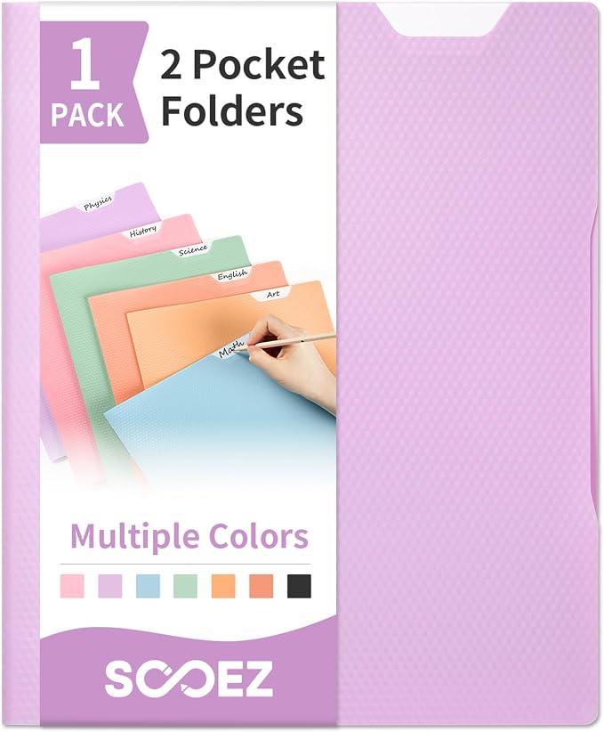 Sooez 1 Pack Plastic Folder, 2-Pocket Folder with Writable Category Label | With Non-Slip Tabs, Fits A4/Letter Size Paper, Heavy-Duty Folders with Pockets for School, Office, Home (Purple)