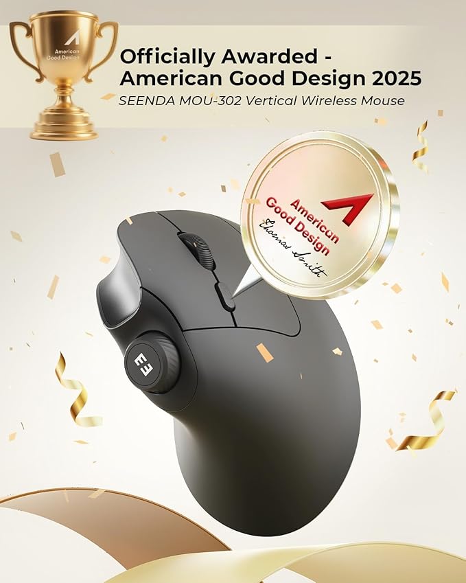 seenda Ergonomic Mouse Wireless, MOU-302 Bluetooth Vertical Mouse Rechargeable, Optical Mice with 1000/1600/2400 DPI, Volume Knob, 3 Multi-Device Connectivity for Computer/PC/Laptop/Mac, Black
