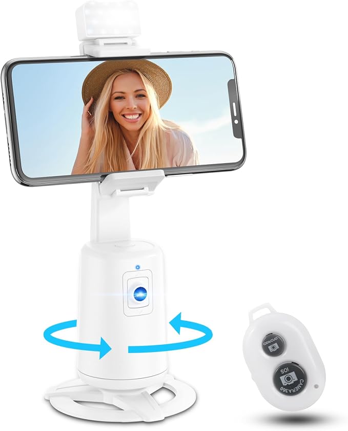 Auto Face Tracking Tripod 360° Rotating Cell Phone Photo and Video Kits Stand, No App, Camera Stand with Remote and Gesture Control, Rechargeable Smart Shooting Stand for Live Recording Tiktok（White）