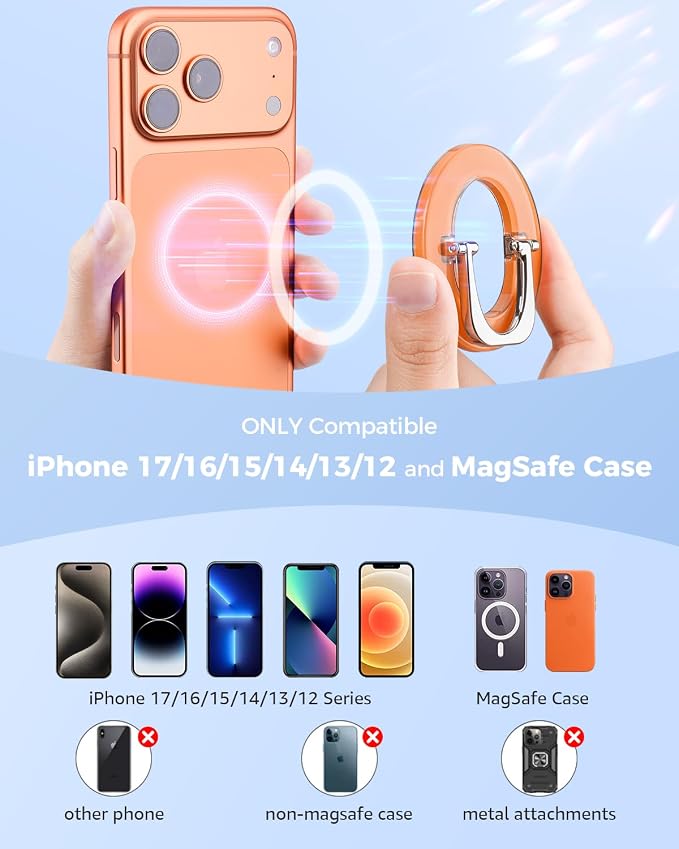 SUPERONE for MagSafe Phone Grip, Adjustable Magnetic Phone Ring Holder | Removable Phone Finger Ring Kickstand，Mag Safe Accessories Only Compatible with iPhone 17 - 12 Series, Mag Safe Case - Orange
