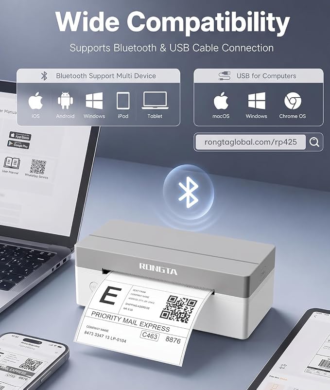 Rongta Bluetooth 4x6 Wireless Thermal Shipping Label Printer,White | Wireless Bluetooth Thermal Label Printer, Ideal for Shipping Labels for Package, Barcode Labels for Small Business