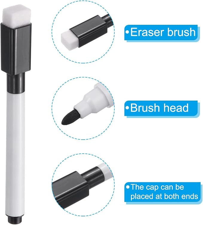 PATIKIL Dry Erase Marker Pens Black Ink Point with Eraser Cap 30Pcs | Marker Pens with Eraser Cap for Office Home Classroom, White Pen Rod