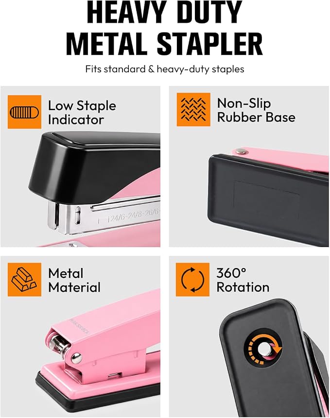 Marsrock Heavy Duty Stapler for Desk with 50 Sheet, 3000 Staples, Pink | Office Stapler, Classroom Stapler, Teacher Stapler, Full Strip Desktop Stapler, Easy to Load & Magnetic Staple Remover