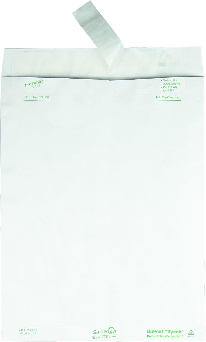 Quality Park Tyvek Envelopes,Large 10x13 Mailers,Easy-to-Open Tamper Evident Pull Strip,Rip,Puncture&Water Resistant Self Sealing Mailing Envelopes for Lightweight Shipping,White,100 Count (Pack of 5)
