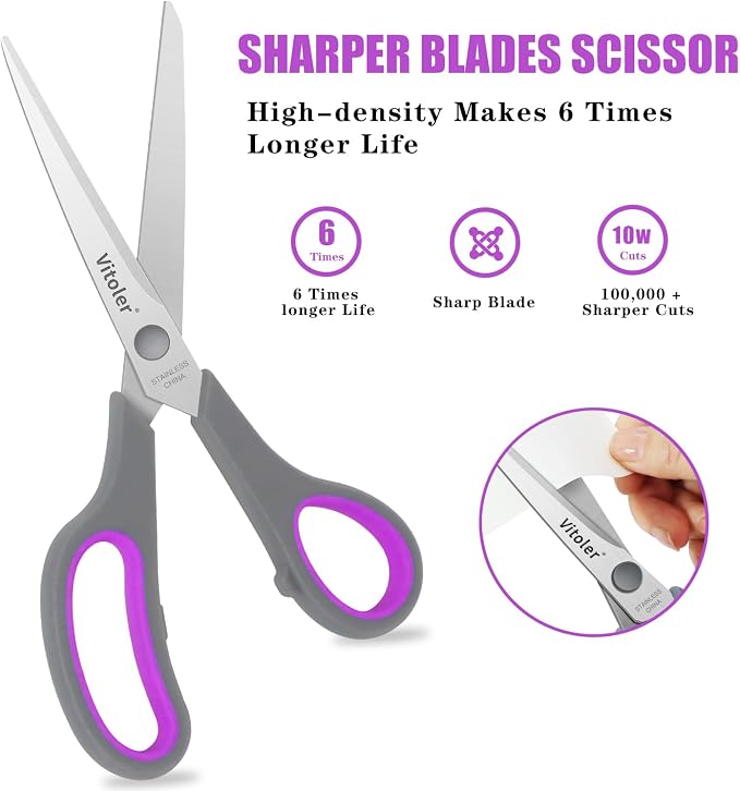 Vitoler Scissors 8.5" Heavy Duty scissors all purpose Bulk Set of 3 | ,Scissors for Office Home School Craft Supplies, Soft Comfort-Grip Right/Left Hand