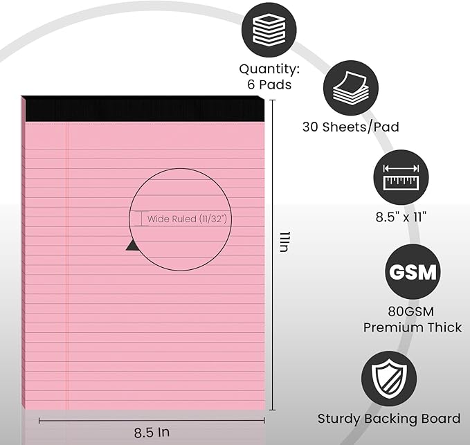 6pcs Legal Pads 8.5 x 11,Notepads 8.5 x 11 Inch, 30 Sheets/Pack, Pink Note Pads Clear Print Writing Pads of Paper, Perforate Wide Ruled Lined with Sturdy Back for Office, Business & School Supplies