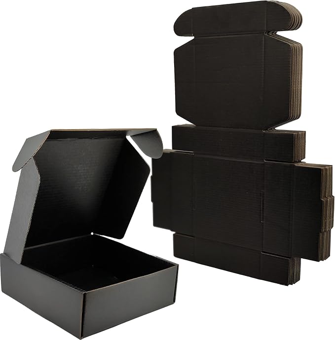8x8x4 Shipping Boxes Set of 25, Black Mailer Corrugated Cardboard Box | for Packaging, Literature, Packing, Mailing, Storage, Small Business, Moving, Gift, Supplies, Quick Fold, Tab Locking