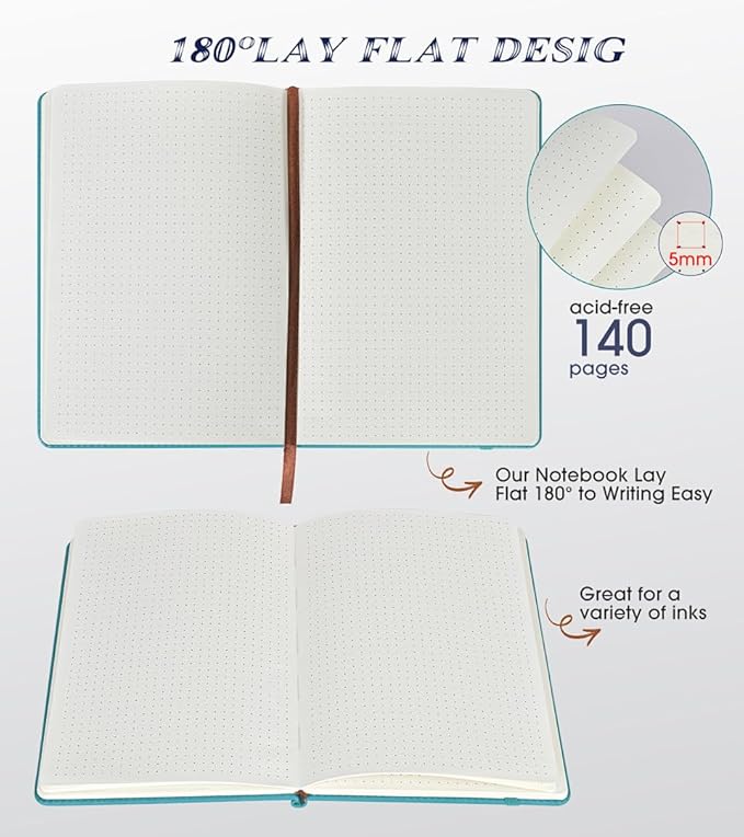 Dotted Journal Notebook for Women Men, 140 Pages Hardcover Dot Grid Notebooks for Work, School & Travel, Leather Journals for Writing, Bullet Journaling 5.7"×8.3" (Blue)