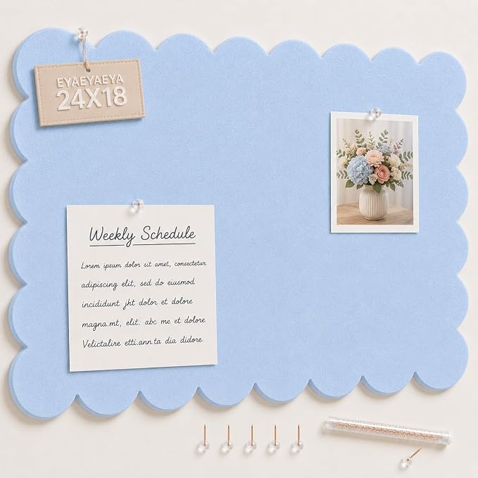 Scalloped Felt Bulletin Board 24x18 Inch, Blue Decorative Pin Board | Self Adhesive Vision Board for Wall, Memo Board for Bedroom, Dorm and Office, Felt Board for Notes, Photos and Reminders