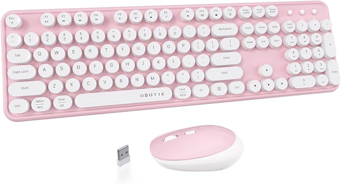 UBOTIE Colorful Wireless Keyboard and Mouse Combo (Pink-White) | Retro Typewriter Floating Full-Sized Keys Computer Keyboard with Optical Mouse, 2.4GHz USB Connection for Windows Mac
