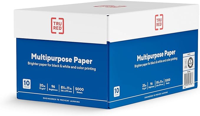 TRU RED Printer Paper, 8.5 x 11 Inch, 20 lb., For Office, School & Home | Reliable multipurpose white paper sized for everyday printing, copying, and faxing needs.