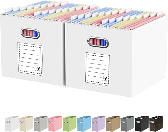 Portable Collapsible Cardboard File Box with Handle for Letter-Size | 2-Pack. Stainless Steel Handle. Label Stickers Included. Fits Letter Folders (Not Included). Home, Office, School, Dorm, Tax.