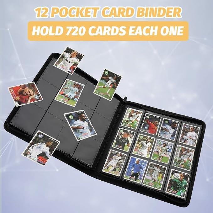 12 Pocket Ringless Side Loading Trading Card Binder, 720 Cards PU Fixed Page Zipper Card Album for TCG Sports Game Cards, Not Fit Top Loaders (Blue)