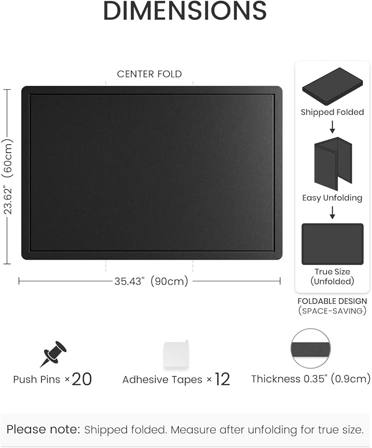 Fluxynara Bulletin Board,35.4" x 23.6" Cork Board Alternative with 12 Safe Removable Adhesive Tabs, Foldable Felt Pin Board for Home Office, Classroom, Bedroom,Entryway for Walls— Black