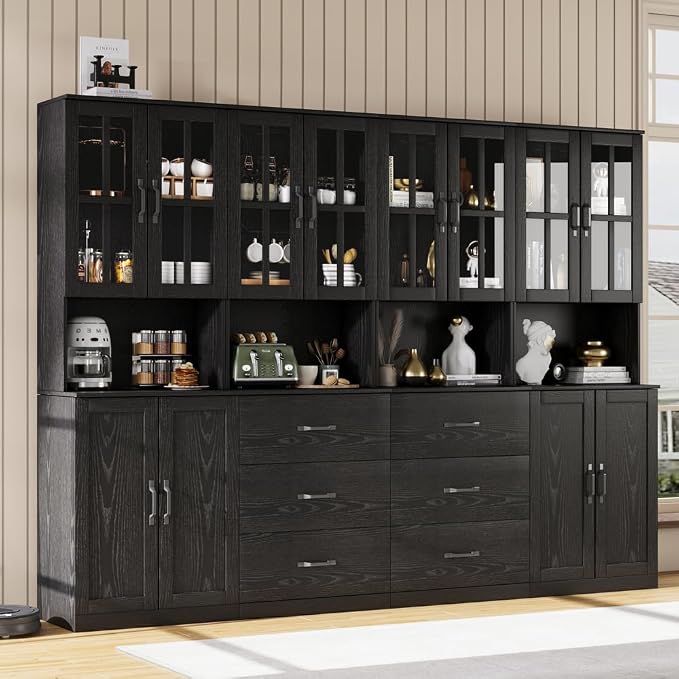 VOWNER Bookcase with Glass Door, 5-Tier Modern Bookshelf with Large Drawer, Glass Display Cabinet with Large Storage Shelf, Combination Storage Cabinet for Home Office (Black, AABB)