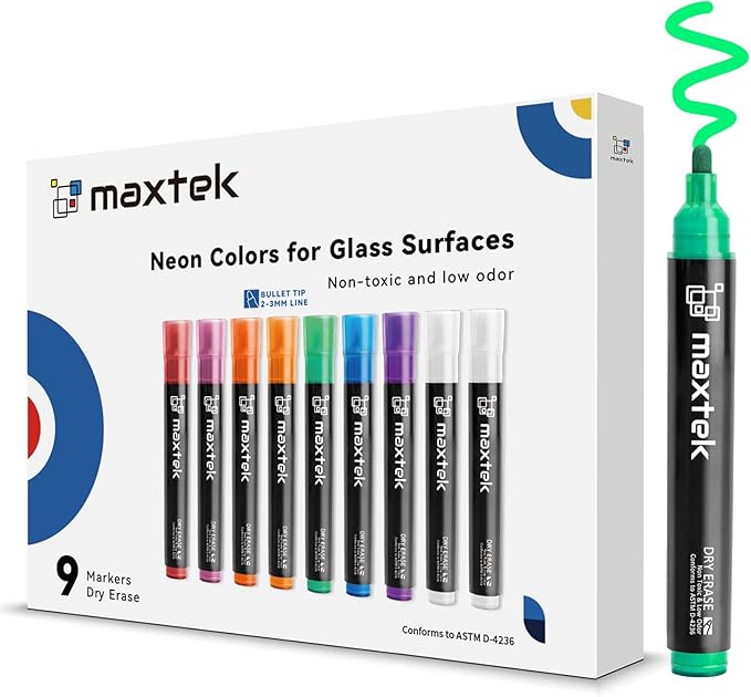 maxtek Neon Dry Erase Markers for Glass,Window Markers for Dry Erase Board,Chalkboard,LED Note Board,Acrylic Refrigerator Calendar,Bullet Tip,Low Odor,Assorted Colors,9 Count
