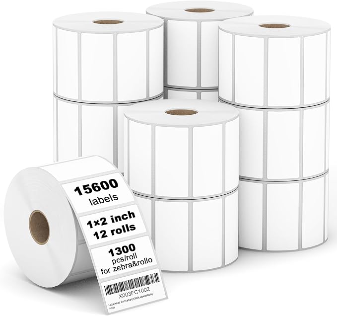 【15600 Labels/12 Rolls】 3-Proof 1" Core Labelebal 2" x 1" Direct Thermal Label (51mm x 25mm) Multipurpose Shipping Address Barcodes Labels Compatible for Zebra & Rollo Desktop Label Printer