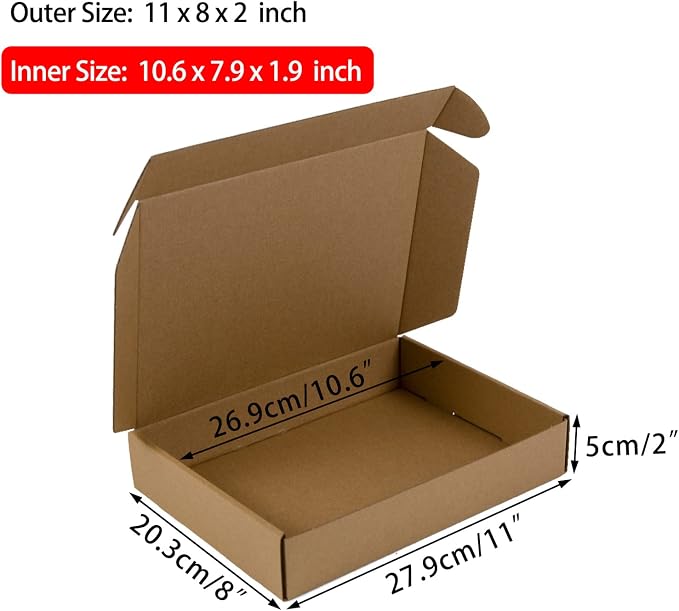 11x8x2 Inches Shipping Boxes Pack of 25, Brown Corrugated Cardboard Boxes for Small Bussiness