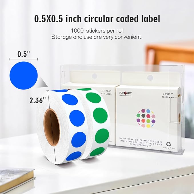PARLAIM 1/2" Circle Dot Stickers 2 Rolls Pack 2000 Color Coded Labels for Home Commerce Business, Green + Blue