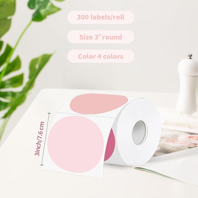 3 Inch Thermal Label,Pink Round Thermal Printer Label,Waterproof Thermal Stickers for DIY Logo Design,Name Tag,Thanks Card 300 Labels/Roll (Pink)