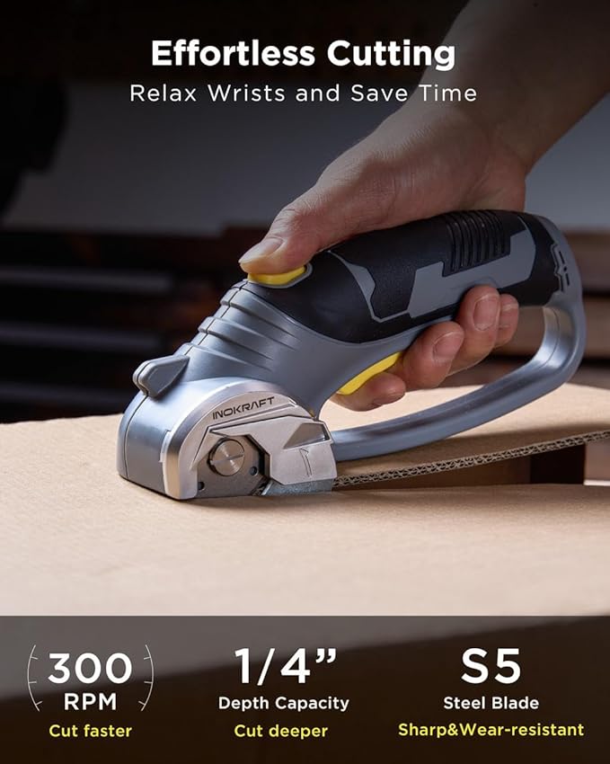InoKraft Cardboard Cutter,Cordless Electric Scissors with Safety Button, 300 RPM High-Speed Rotary Cutter for Fabric, Cardboard, Plastic, Leather, Electric Box Cutter with LED Light, 4V Li-ion Battery