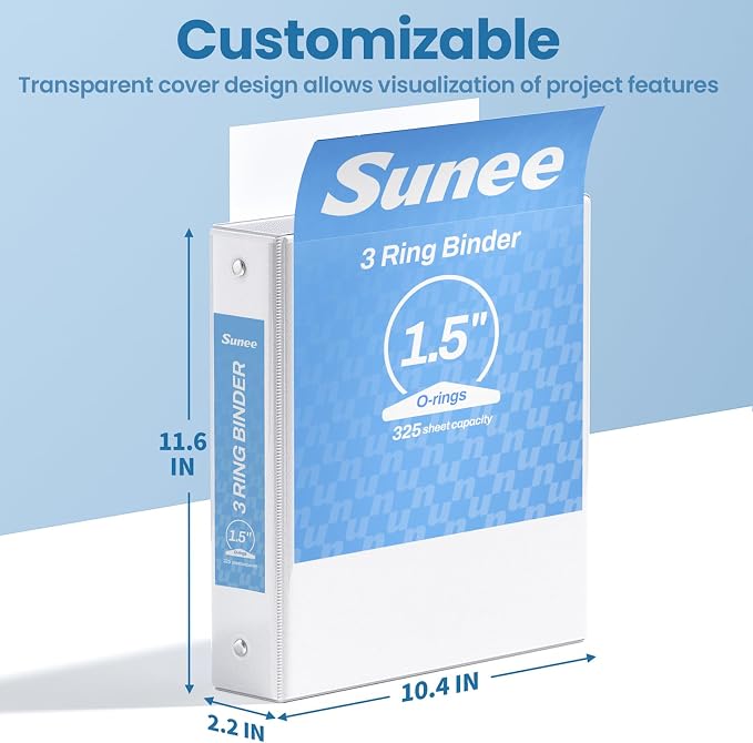 SUNEE 3 Ring Binder 1.5 Inch 1 Pack, Clear View Binder Three Ring PVC-Free (Fit 8.5x11 Inches) for School or Office Supplies, White