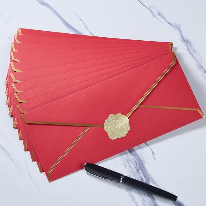 50 Pack #10 Business Envelopes with Gold Border, Self Seal Standard Envelopes with Gold Stickers for Office, Checks, Letter Mailing, Invoices, 4 1/8 x 9 1/2 Inches (Red)