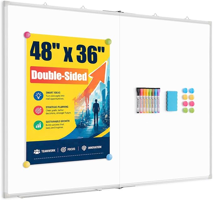 48 x 36 White Board Dry Erase Double-Sided Magnetic Whiteboard | Folding & Portable Hanging Aluminum Frame Whiteboard for Wall with Marker Kits, Office, Home, School