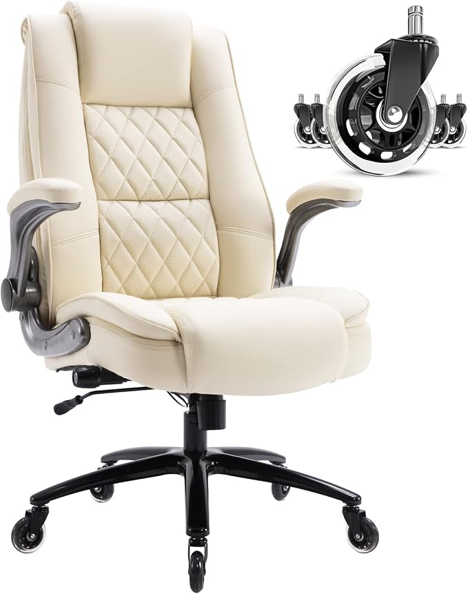High Back Office Chair, Ergonomic Executive Computer Desk Chair | Flip Arms, Adjustable Built-in Lumbar Support, Thick Padded, Strong Metal Base, Quiet Wheels Work Chairs for Long Hours