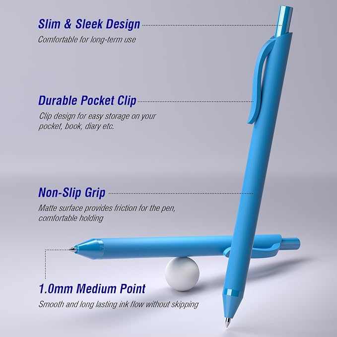 50 Pack Blue Ink Pens - Bulk Pens, 1.0MM Medium Point Ballpoint Pens, Smooth Writing No Bleed Retractable Ball Point Pen (Blue)