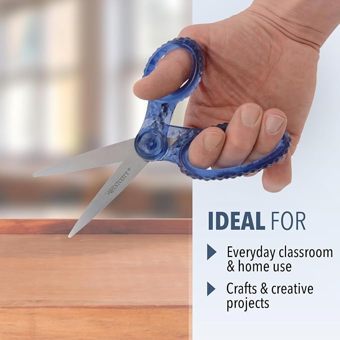 Westcott GEM Crystal-Design Scissors for Kids Ages 12+ - Back to School Essentials and Classroom Supplies - 7-Inch Pointed Student Scissors - for Right- or Left-Handed Use - Blue - 1 Pack