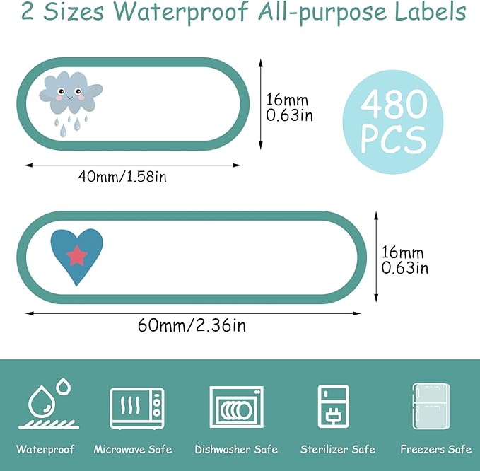 480 Pcs Baby Bottle Labels for Daycare Essentials, Waterproof Labels for Bottles, Self-Laminating School Name Tags Stickers for Kids