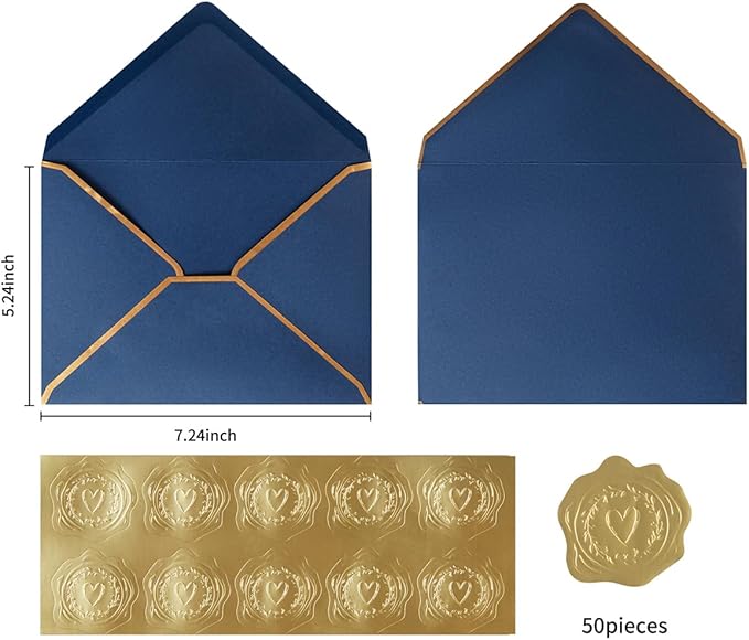 50 Pieces A7 Envelopes with Gold Border, 5.24 x 7.21 Inches Envelopes with Gold Stickers for Greeting Cards and Invitation (Navy Blue, A7-5x7)