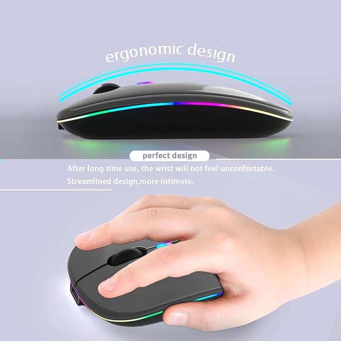 Wireless Bluetooth Mouse – Rechargeable, Silent, Dual Mode (Bluetooth 5.2 & USB) with LED Lights – Portable for Laptop, Desktop, & Tablet(Grey)