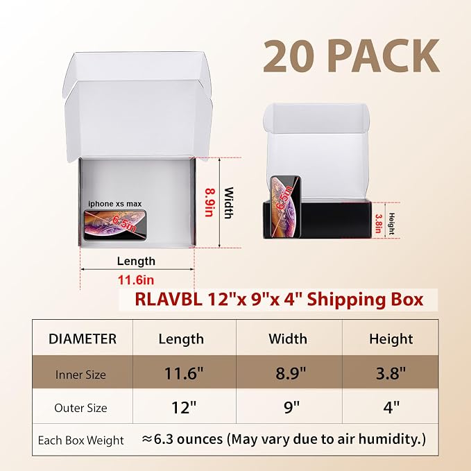 RLAVBL 12x9x4 Shipping Boxes Set of 20, Black Corrugated Cardboard Box for Packing, Mailing, Business, Gift