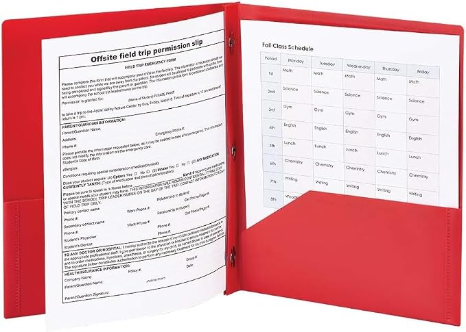Smead Poly Two-Pocket Folder, Three-Hole Punch Prong Fasteners, Letter Size, Red, 6 Count (87727)