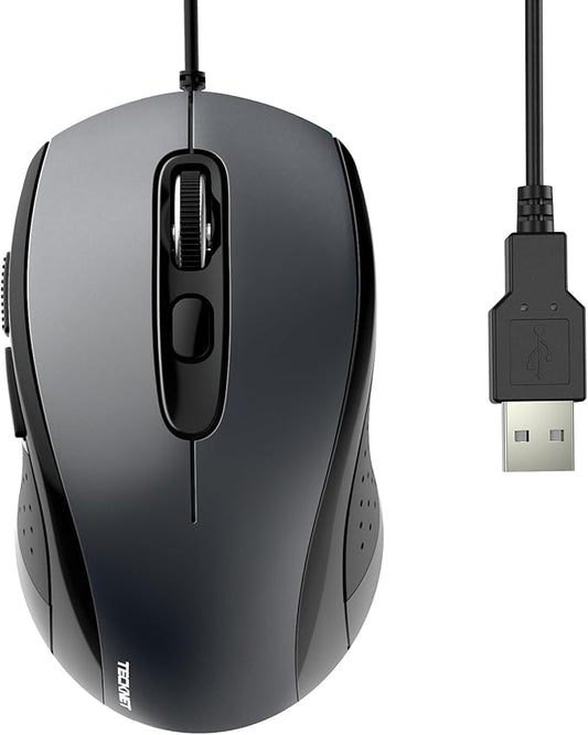TECKNET Computer Wired Mouse, USB Mice for Laptop with 6-Button, 3600DPI Optical PC Wired Mouse, Home and Office 5FT USB-A Corded Comfortable Mice, Plug & Play, NO Battery Required- Light Grey